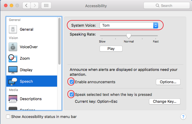 Select your voice and check boxes to enable